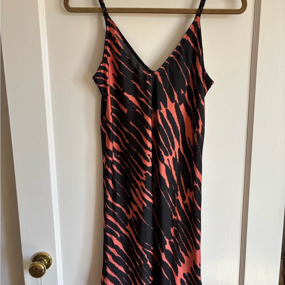 Black and Orange Satin Midi Dress